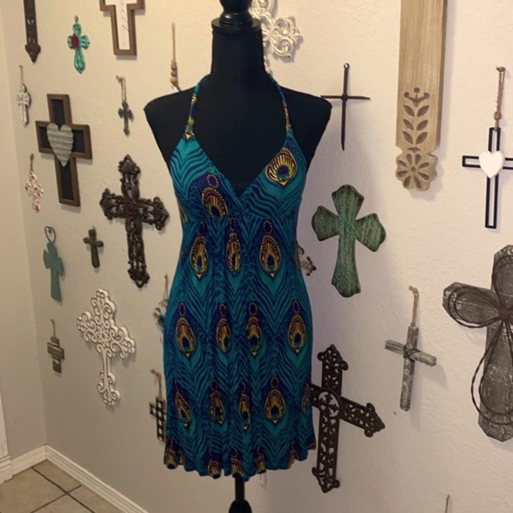 Peacock design halter mini dress size small